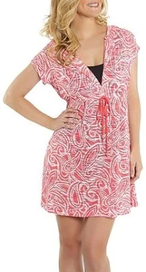 Dotti Large Pink/Coral & White Print Hooded Plunge Neck Swimsuit Cover-Up NWT L - Picture 1 of 10