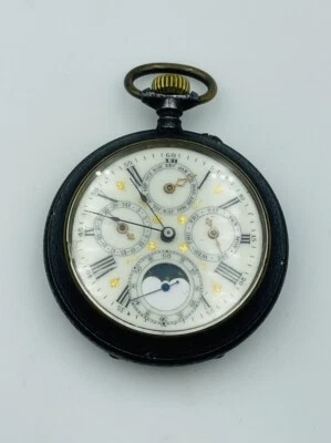 Antique Gunmetal Iron Triple Date & Moonphase Pocket Watch - Image 1 of 4