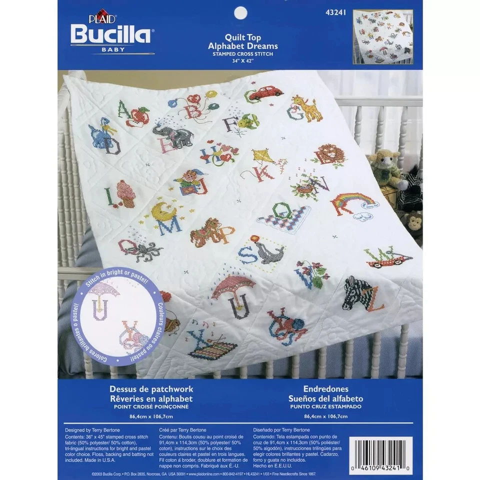 "Bucilla Stamped Cross Stitch Baby Quilt Top 34\X43\""-Alphabet Dreams"""