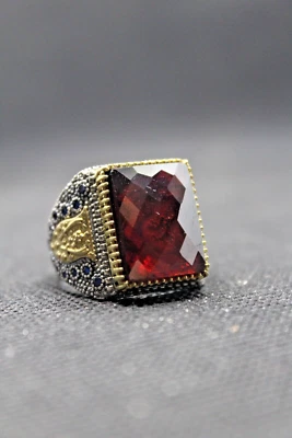 Anel masculino de prata esterlina 925 com pedra de zircão vermelho feito à mão joias masculinas turcas - Imagem 1 de 4