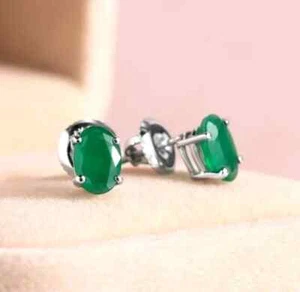 Orecchini a perno donna smeraldo creati in laboratorio taglio ovale 2,0 ct placcato oro bianco 14 carati - Foto 1 di 6