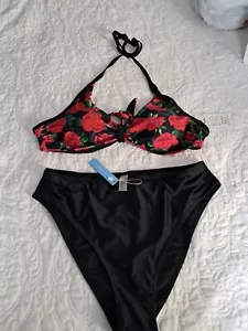 Women 2 Piece Bikini Swimsuit Floral Halter Top Large Solid Bottom XL Cutouts - Picture 1 of 4