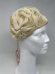 NEW Mr John Jr Straw Woven Swirls Ivory Pillbox Hat Vintage 1960s Original Tags - Picture 1 of 16