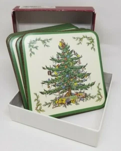 Spode albero di Natale acrilico sottobicchieri in sughero tappetini posto scatola quadrata di 6 Inghilterra 4" - Foto 1 di 7