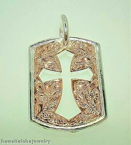 19MM HEAVY ROSE GOLD PLATED 925 SILVER HAWAIIAN ENGRAVED SCROLLS CROSS PENDANT Foto 1 de 1
