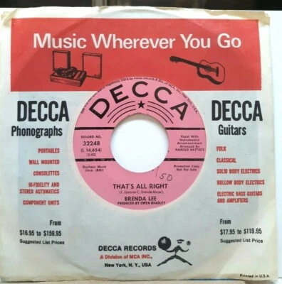 45 RPM ROCKABILLY BRENDA LEE, THAT'S ALL RIGHT / FANTASY - Image 1 of 2