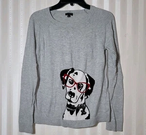 Talbots Petite Sz M Nerdy Dalmatianin Glasses Knit Sweater Gray Academia Preppy - Picture 1 of 6