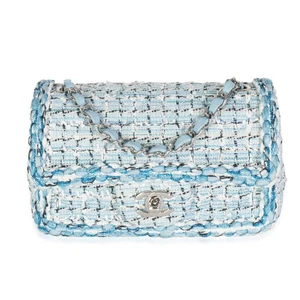 Chanel Blau Weiß Gesteppt Metallic Tweed Geflochten Mini Rechteckig Klappe Tasche - Bild 1 von 9