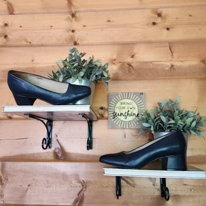 Pesaro Lenore Vintage 90s Y2K Navy Blue Leather Square Toe Pump Heel Shoes Sz 6M - Picture 1 of 11