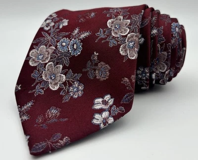 Burgundy Floral Jacquard 57” Tie – Elegant Woven Design W/ Blue & Silver Accents - Image 1 of 4