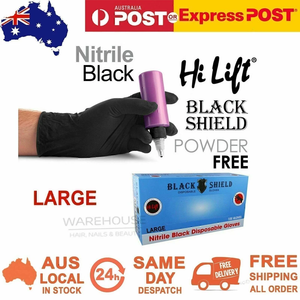 Hi Lift Black Shield Latex Disposable Gloves Powder Nitrile Large 100 Pcs