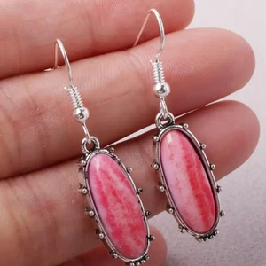Silver Pink Stone Long Oval Dangle Drop Earrings Luxurious Antique Style Retro - Picture 1 of 6