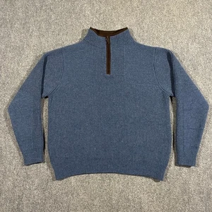 LL Bean Waterfowl Lambs Wool Knit 1/4 Zip Sweater Mens Large Blue Suede Collar - Picture 1 of 17