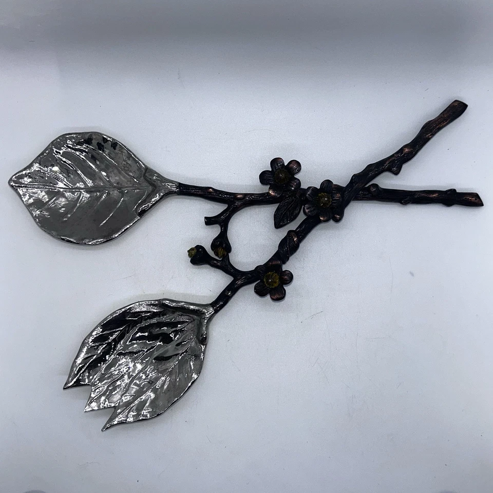 Michael Aram Salad  Servers Branch Twig Handles Topaz Bead Flowers Coppery Metal - Image 1 of 4