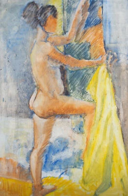 Early 20th Century Gouache - Standing Female Nude with Yellow Cloth - Image 1 of 4