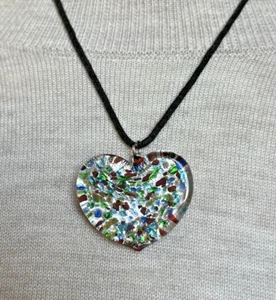 Heart Necklace Glittery Glass Large Pendant On Cotton Thread, 17” Length - Picture 1 of 21