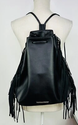 Victoria’s Secret Black Faux Leather Fringe Drawstring Backpack Purse New - Image 1 of 4