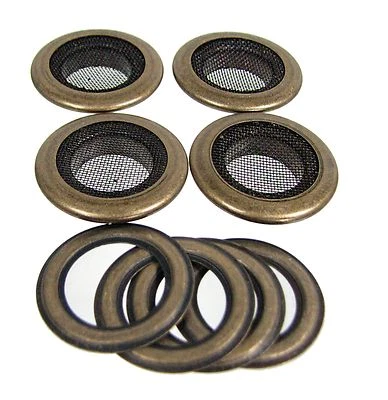 Cigar Box Guitar Parts: 4pc. 1" Antique Brass Screened Grommets - Image 1 of 4