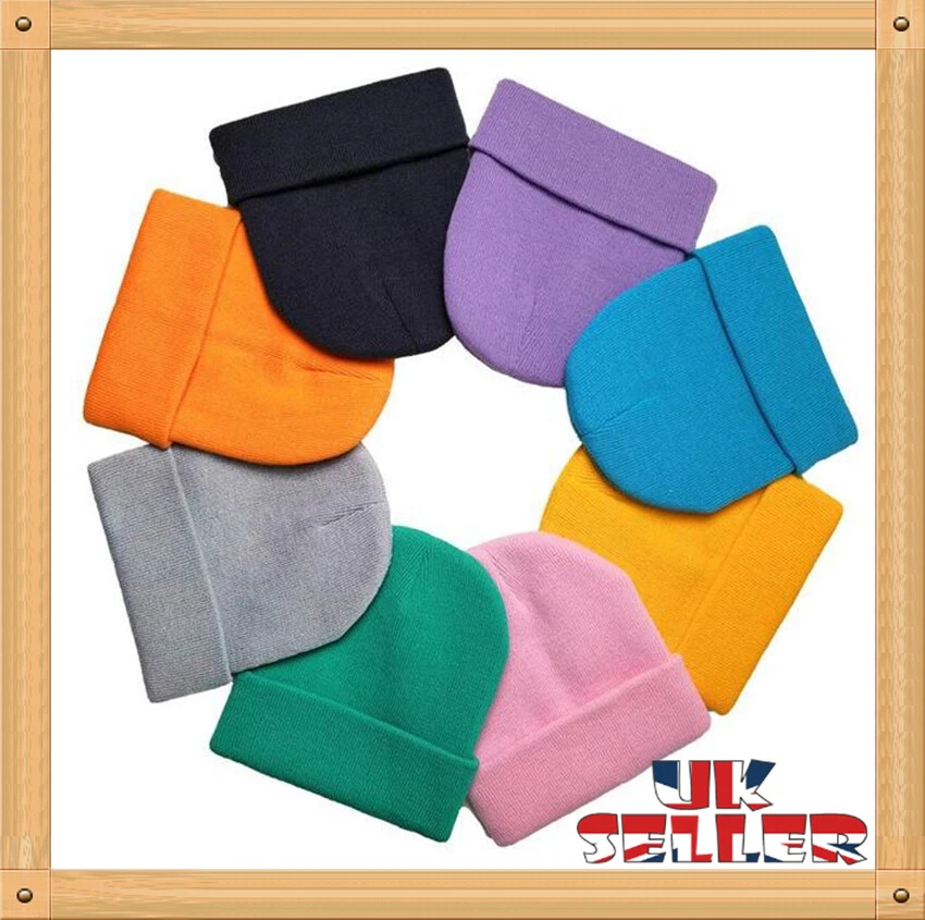 UK Beanie Hat Mens Ladies Womens Slouch Winter Woolly Ski Knitted Turn Up Neon