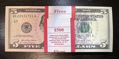 100 $5 Five Dollar Bills ($500) Gem Uncirc Consecutive Sequential Note *1 Strap* - Image 1 of 4