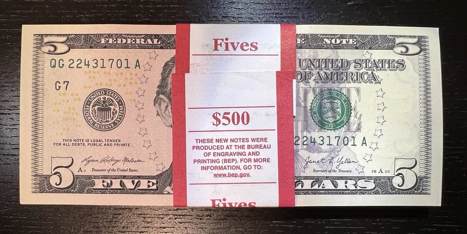 100 $5 Five Dollar Bills ($500) Gem Uncirc Consecutive Sequential Note *1 Strap* - Image 1 of 4