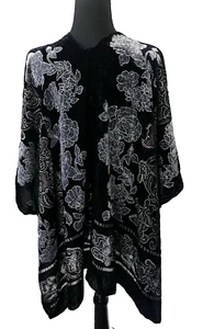 Womens OneSize Sheer Black Velvet Burnout Kimono Artsy Boho Festival Floral - Picture 1 of 3