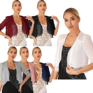 UK Women Chiffon Shrug Cardigan Short Sleeve Open Front Cropped Bolero Tops - Picture 1 of 80