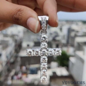 Moissanite Cross Wedding Pendant Solid 14K White Gold 2 CT Excellent Round Cut - Picture 1 of 13