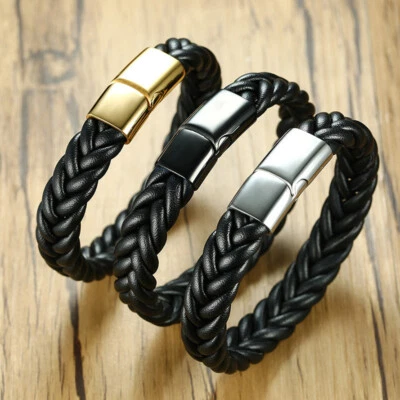 Titanium Steel Silver Buckle Microfiber Leather Black Men Bracelet Jewelry Gift - Image 1 of 4