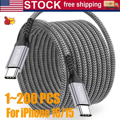 Lote Cable 60W USB C a C Carga Rápida PD Nylon Cable 3/6/10FT para iPhone16 Samsung Foto 1 de 4