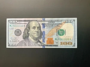 (BINARY NEAR SOLID) 2013 $100 DOLLAR BILL ML51111111A 7 OF A KINDE - Picture 1 of 4