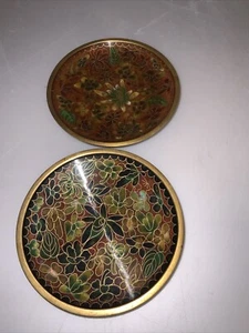 Vintage Pair Chinese Cloisonne Dish Saucer Plate Enamel Flowers China 4" - Picture 1 of 4