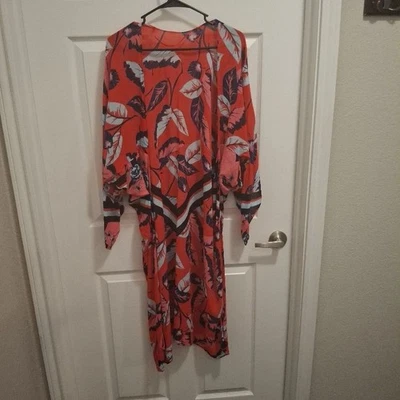 Безымянное курортное кимоно один размер красный синий тропический лист россыпью - Изображение 1 из 4