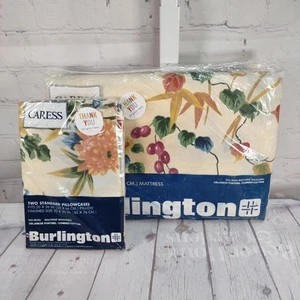 VTG Burlington Caress Full FITTED Sheet and Pillowcases CREAM FLORAL GREEN GOLDS - Picture 1 of 6