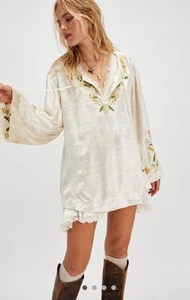 Free People Ember Embroidered Tunic Velvet Floral Bell Sleeves Tan Combo S NWT - Picture 1 of 6