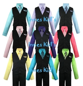 Boys Vest Set with Colored Dress Shirt, Tie Pinstripe Vest and Pants Sizes 2T-14 - Picture 1 of 33