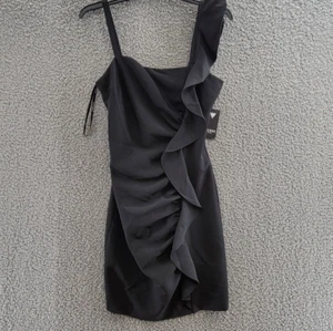 GUESS Ruffled Bodycon Dress Women's 4 Black Solid Straight Neck Back Zip Closure - Picture 1 of 15