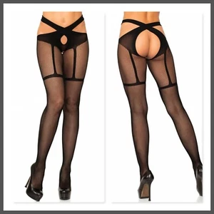 Leg Avenue 9287 Black Sherry Faux Garter Fishnet Tights wrap around crotchless - Picture 1 of 3