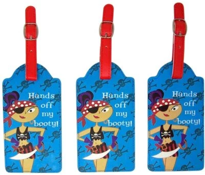 CAPE SHORE Blue & Red Hands Off my Booty Cartoon Pirate Fake Leather Luggage Tags, Set of 3