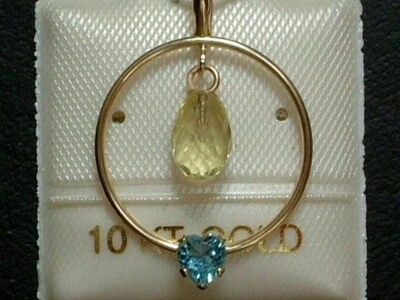 Lemon Quartz & Blautopas Anhänger - 10 Kt. Gold - 417 - Briolett & Herz Schliff - Bild 1 von 2