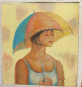 FAUVIST OIL PAINTING GIRL WITH UMBRELLA PORTRAIT SIGNED - Picture 1 of 12