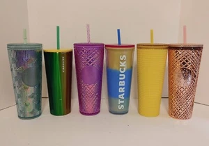 Starbucks Tumbler Cups Bundle Lot 6 Venti Grid Studded Stainless New Straws - Picture 1 of 17