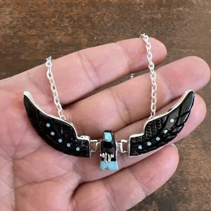 Navajo Flying Eagle Necklace Turq Black Ben Livingston Native M 3 1/4 “ Zuni #C - Picture 1 of 15