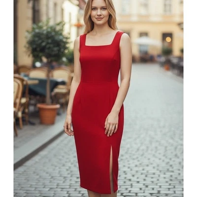 Vestido Joseph Ribkoff De Colección Rojo Talla 12 Midi Espalda Desnuda con Correas Satinadas Bodycon Foto 1 de 4