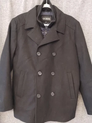 Men’s Black Guess Pea Coat -  Wool Quilted Lined Jacket - Size Large - Image 1 of 4