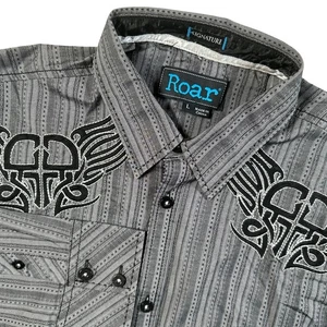 Roar Signature Mens LRG Gray Stripe Button Long Sleeve Embroidered Western Shirt - Picture 1 of 16