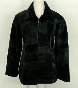 Giacca pelliccia Henig vintage donna piccola nera grigia patchwork pelle scamosciata Y2K - Foto 1 di 19