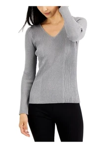 ALFANI Womens Gray Ribbed Glitter Long Sleeve V Neck Sweater XL - Picture 1 of 3