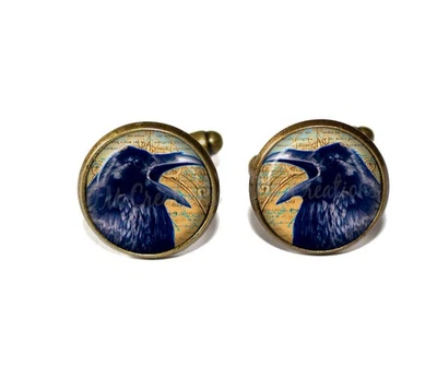Black Raven Crow Bird Stye Nature - Handmade Round Glass Cufflinks - Image 1 of 3