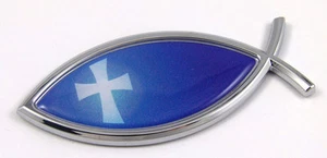 Jesus Fish With Cross Flag Car bike Auto Chrome Emblem Decal Sticker Christian - Imagen 1 de 2